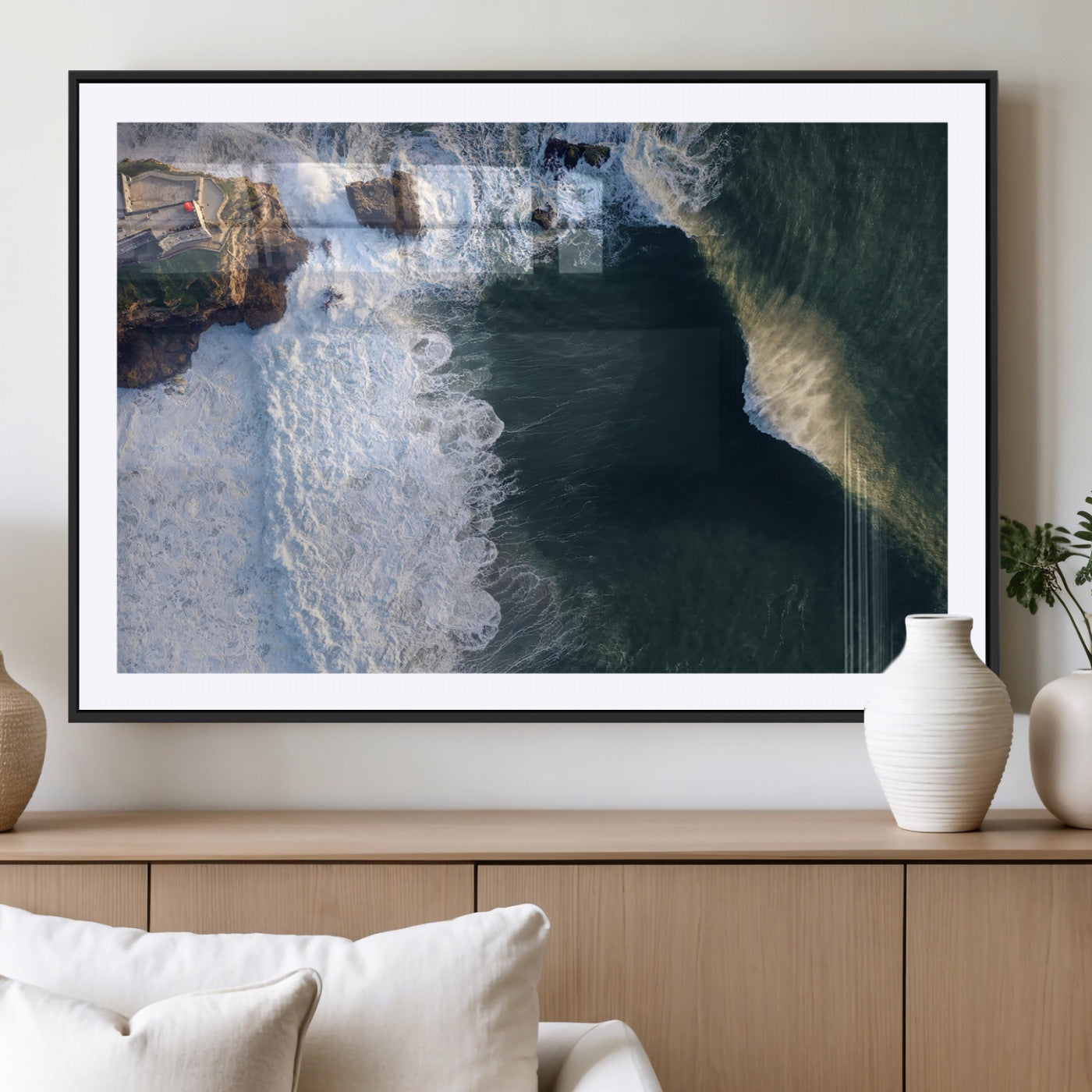 37405684-MGV-CV-36X24-Nazaré Coast Wall Art Canvas Print, Framed Aerial Ocean Art Picture Print, Coastal Fortress Perfect Dramatic Coastal Decor Artwork
