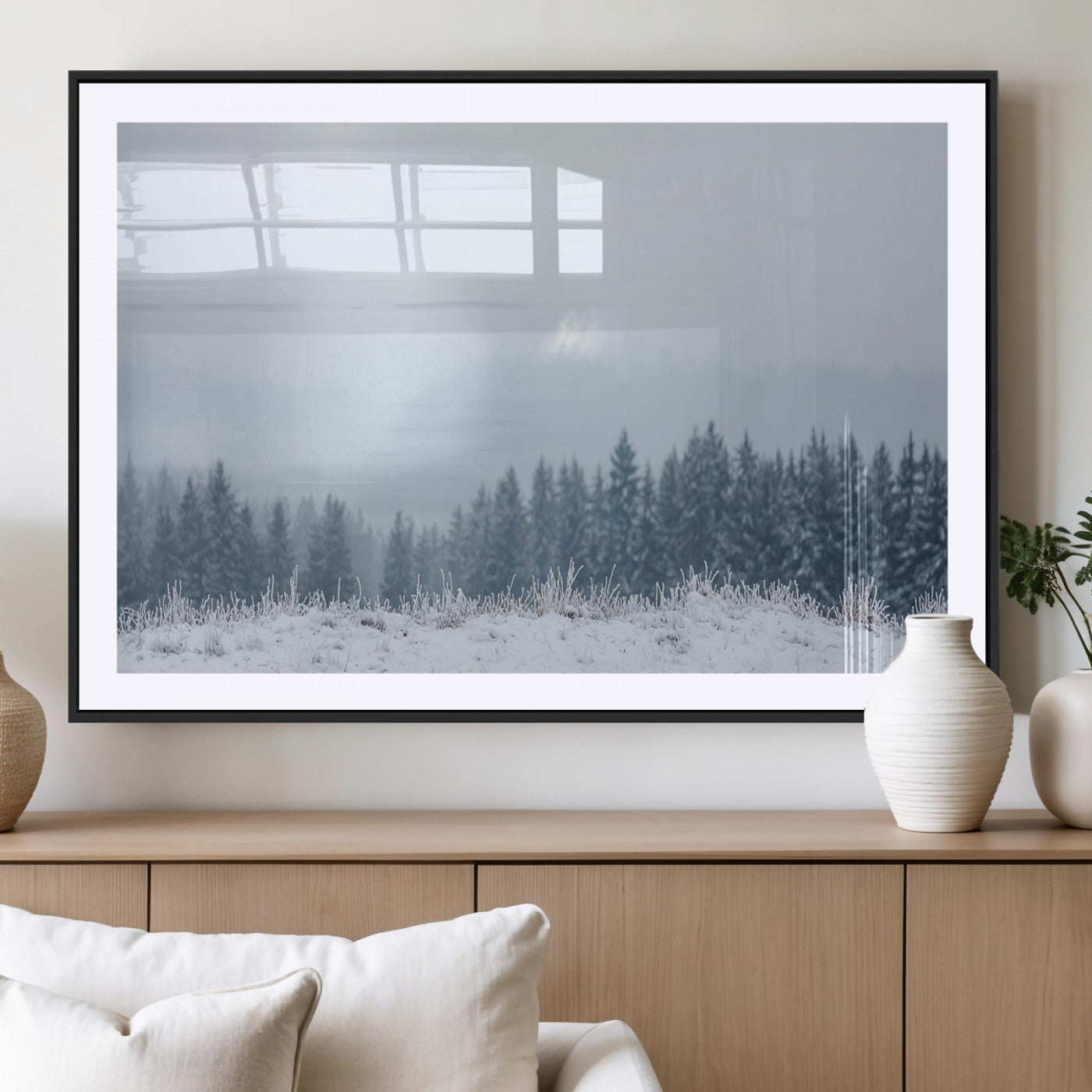 33033082-MGV-CV-36X24-Winter Forest Art Wall Art Canvas Print, Framed Snowy Landscape Art Picture Print, Misty Tree Scene Perfect Nordic Minimalist