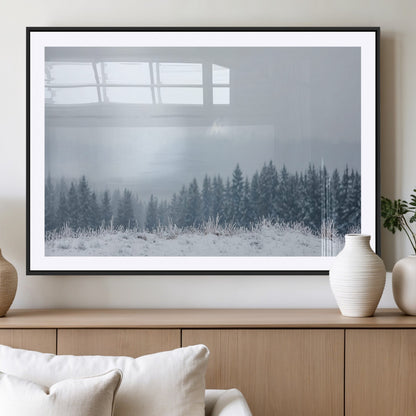 33033082-MGV-CV-36X24-Winter Forest Art Wall Art Canvas Print, Framed Snowy Landscape Art Picture Print, Misty Tree Scene Perfect Nordic Minimalist