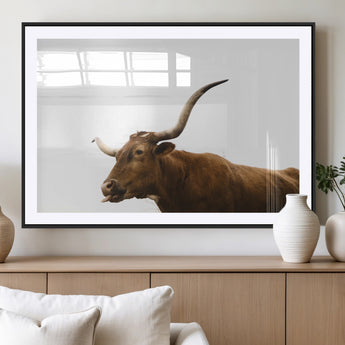 62566114-MGV-CV-36X24-Longhorn Cow Art Wall Art Canvas Print, Framed Rustic Animal Decor Art Picture Print, Texas Bull Photo Perfect Rustic Farmhouse