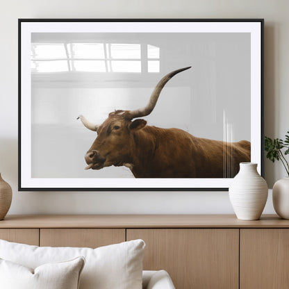 62566114-MGV-CV-36X24-Longhorn Cow Art Wall Art Canvas Print, Framed Rustic Animal Decor Art Picture Print, Texas Bull Photo Perfect Rustic Farmhouse