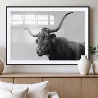 99244177-MGV-CV-36X24-Longhorn Photography Wall Art Canvas Print, Framed Western Cow Decor Art Picture Print, Black White Bull Perfect Modern Rustic