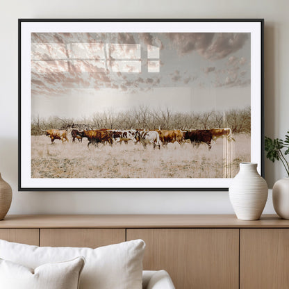 57389417-MGV-CV-36X24-Cow Herd Photography Wall Art Canvas Print, Framed Rustic Farmhouse Decor Art Picture Print, Western Ranch Style Perfect Rustic