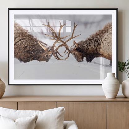 36507609-MGV-CV-36X24-Elk Clash Scene Wall Art Canvas Print, Framed Wildlife Strength Decor Art Picture Print, Snowy Forest Elk Perfect Rustic Lodge