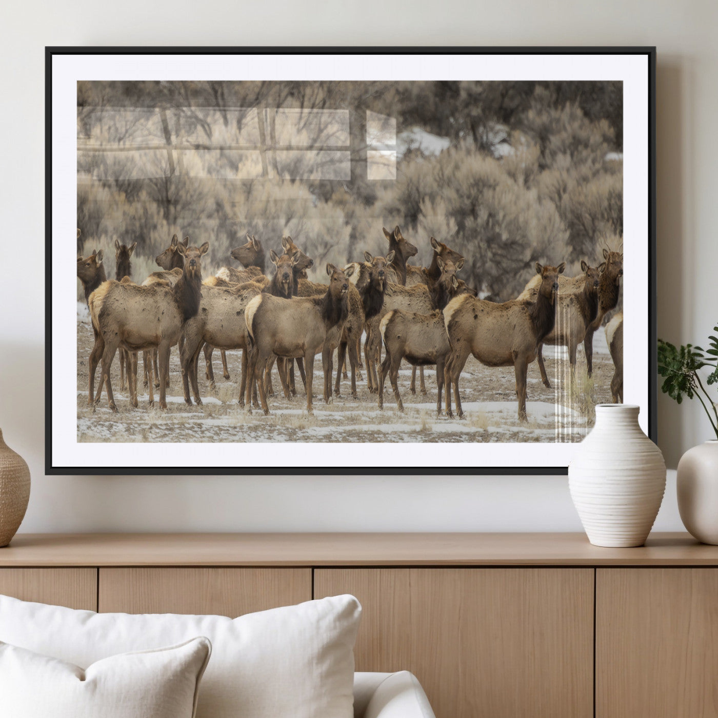 90269422-MGV-CV-36X24-Elk Herd Scene Wall Art Canvas Print, Framed Rustic Wildlife Decor Art Picture Print, Western Cabin Style Perfect Rustic Lodge