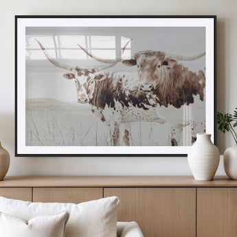 48161868-MGC-FP-36x24_Black-Longhorn Cow Decor Wall Art Canvas Print, Framed Rustic Cattle Art Picture Print, Sepia Western Vibe Perfect Neutral Rustic