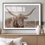 77810049-MGV-CV-36X24-Longhorn Bull Photo Wall Art Canvas Print, Framed Rustic Cow Decor Art Picture Print, Neutral Farmhouse Style Perfect Rustic