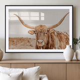 74406977-MGV-CV-36X24-Longhorn Bull Decor Wall Art Canvas Print, Framed Western Cow Theme Art Picture Print, Rustic Farmhouse Wall Perfect Neutral