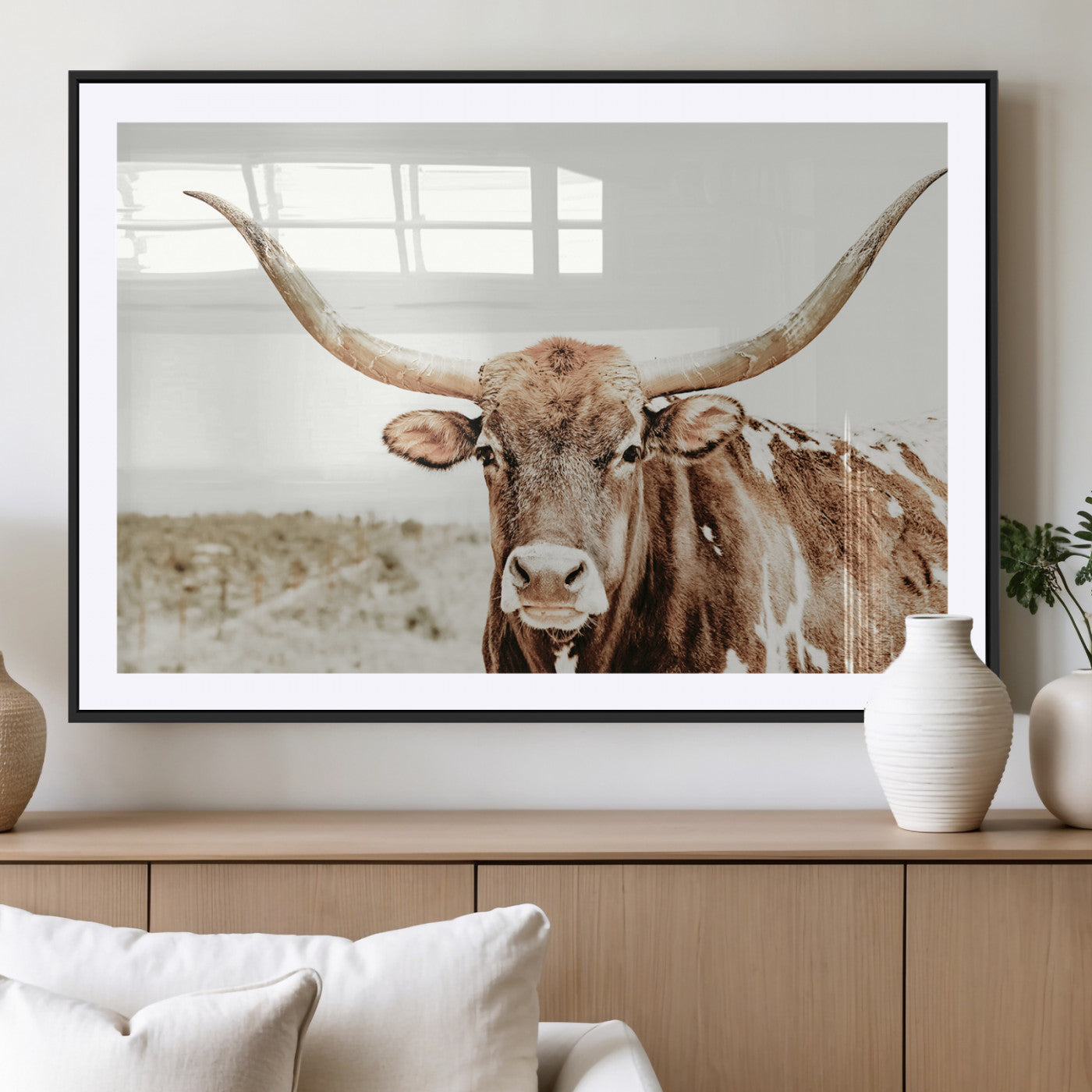 98924580-MGV-CV-36X24-Texas Longhorn Bull Wall Art Canvas Print, Framed Rustic Farmhouse Decor Art Picture Print, Western Animal Theme Perfect Rustic