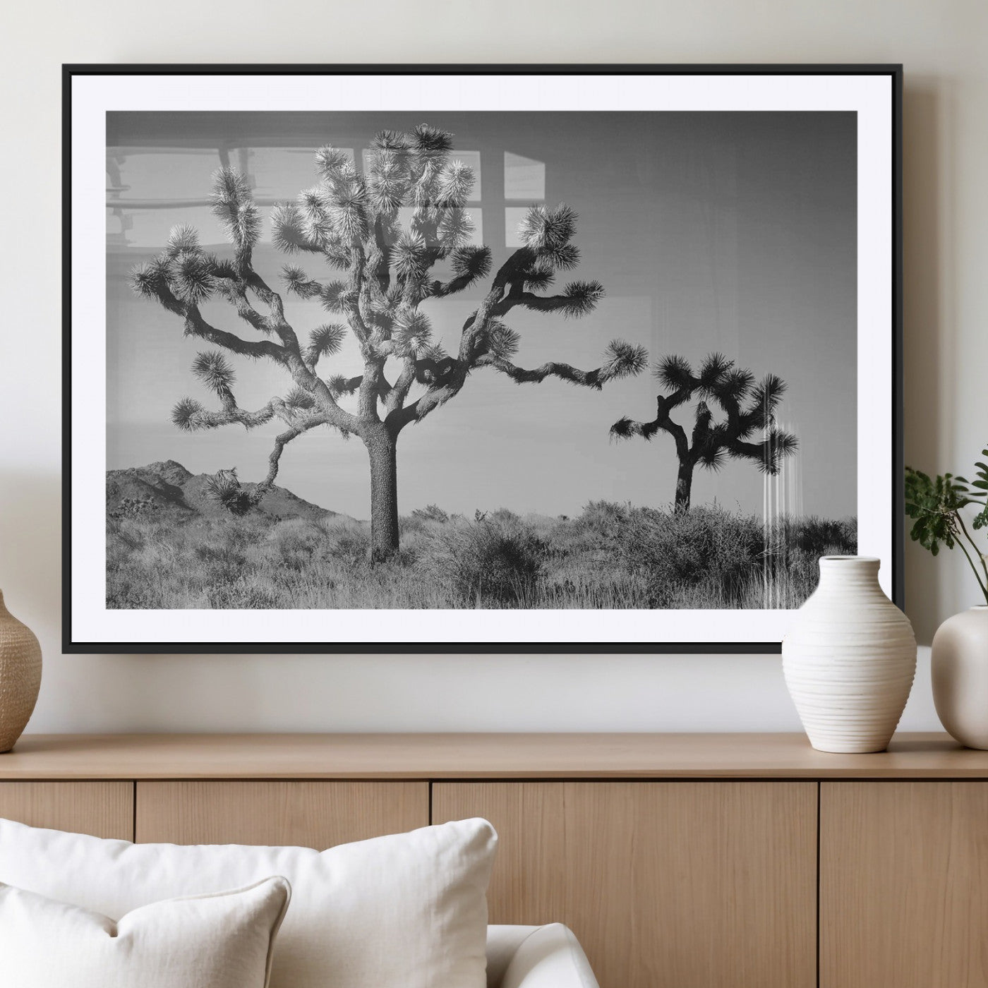 93692513-MGC-FP-36x24_Black-Joshua Tree Wall Art Canvas Print, Framed Monochrome Desert Art Picture Print, Minimalist Nature Scene Perfect Southwestern