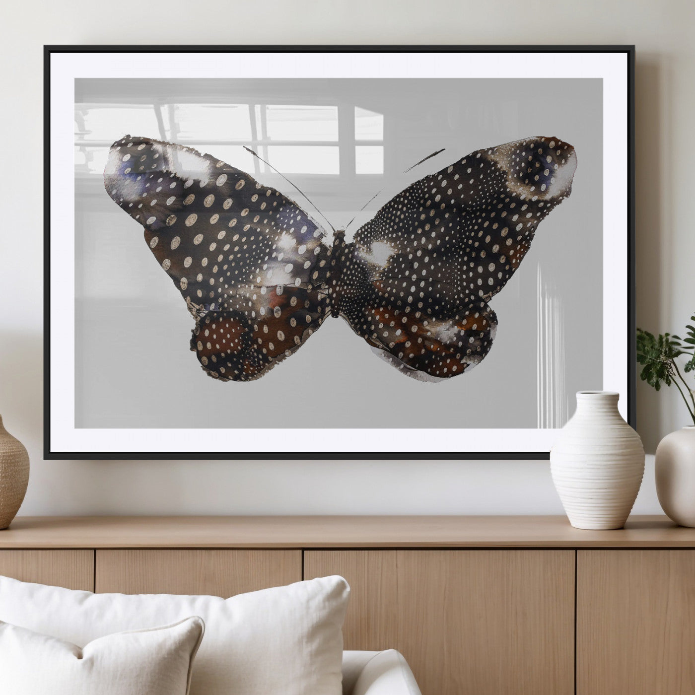 99831147-MGC-FP-36x24_Black-Spotted Butterfly Wall Art Canvas Print, Framed Neutral Insect Theme Art Picture Print, Earthy Wing Pattern Perfect Modern Rustic