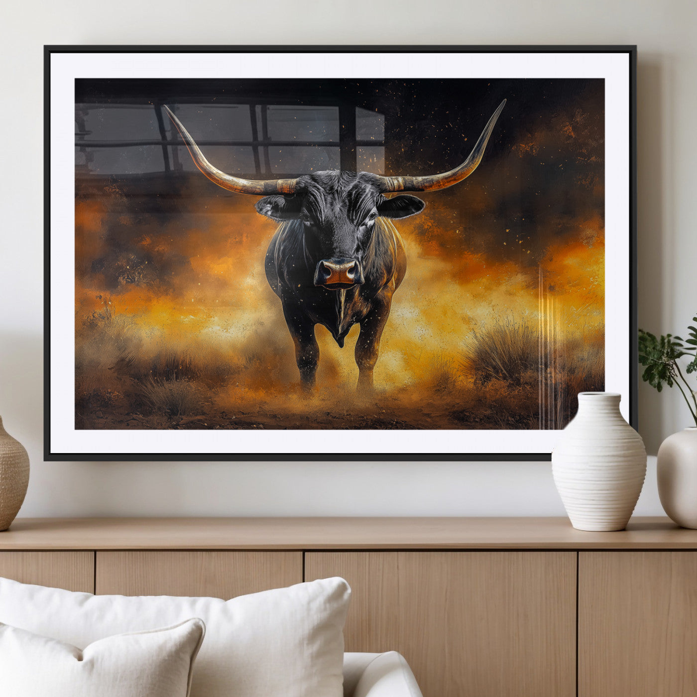 58293979-MGV-CV-36X24-Longhorn Canvas Wall Art Canvas Print, Framed Bold Bull Wall Art Art Picture Print, Western Animal Decor Perfect Western Dramatic