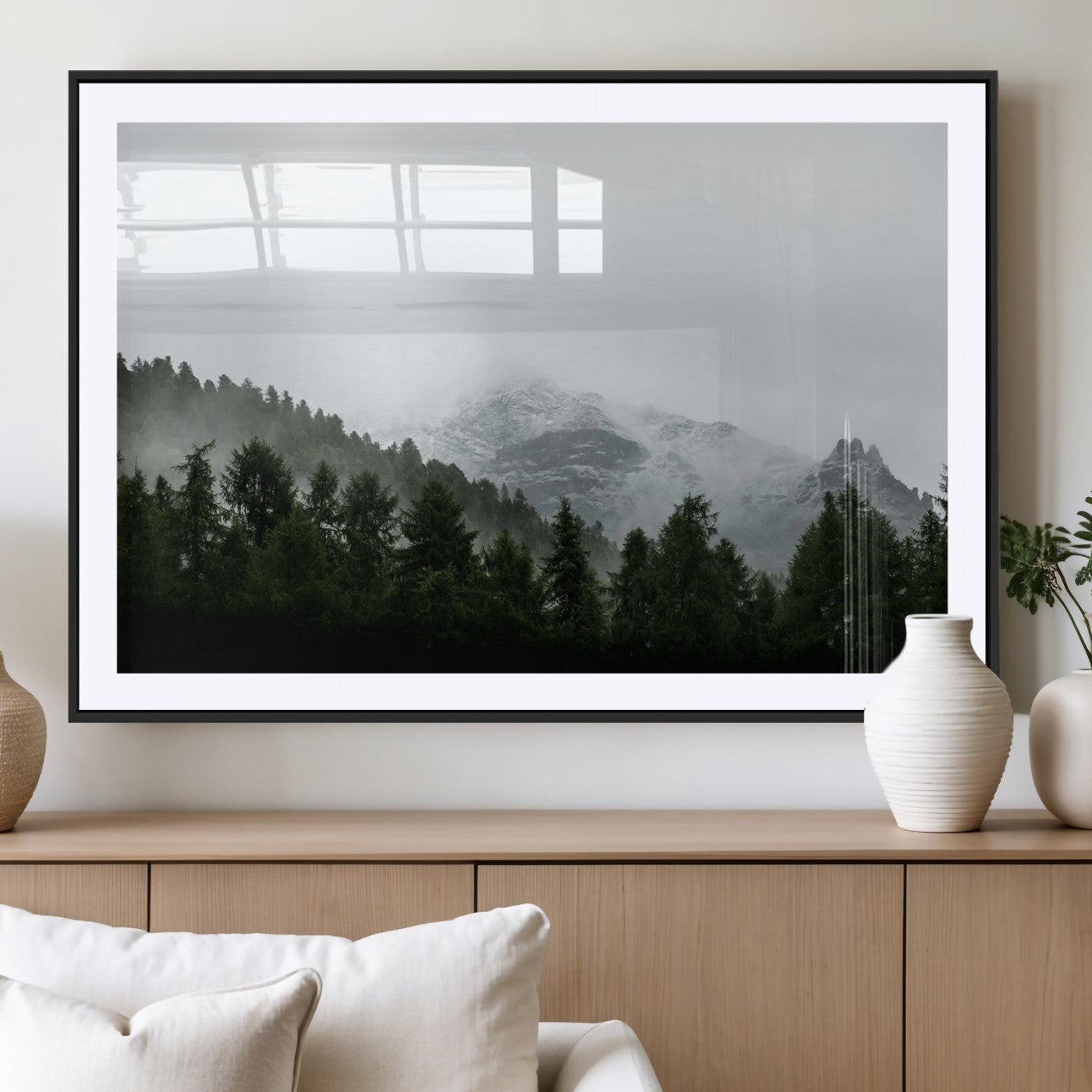 55968349-MGV-CV-36X24-Misty Mountains Wall Art Canvas Print, Framed Foggy Forest Art Picture Print, Snowy Peaks Perfect Moody Wilderness Decor Artwork
