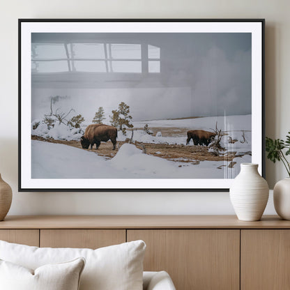 60308289-MGC-FP-36x24_Black-Bison Wildlife Wall Art Canvas Print, Framed Snowy Prairie Art Picture Print, Western Landscape Perfect Rustic Winter Decor