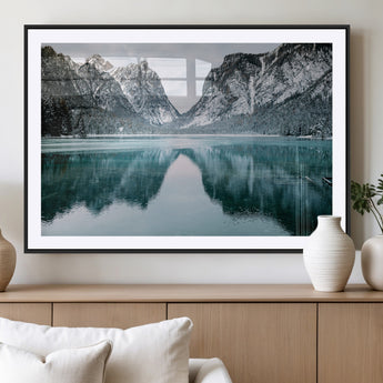 73098373-MGV-CV-36X24-Mountain Lake Wall Art Canvas Print, Framed Winter Wonderland Art Picture Print, Snowy Peaks Perfect Modern Nature Decor Artwork
