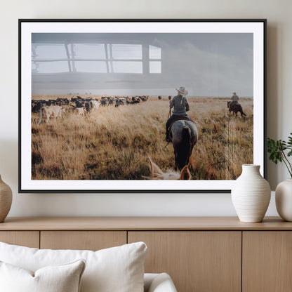 22431577-MGC-FP-36x24_Black-Western Wall Art Wall Art Canvas Print, Framed Cowboy Canvas Art Picture Print, Cattle Drive Scene Perfect Rustic Western Decor