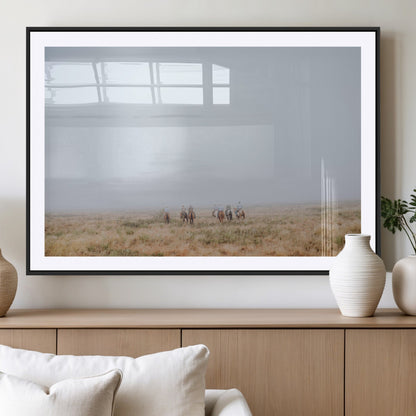 14761944-MGC-FP-36x24_Black-Foggy Plains Wall Art Canvas Print, Framed Horseback Riders Art Picture Print, Rustic Western Perfect Rustic Western Decor Artwork