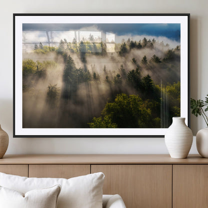 14785710-MGC-FP-36x24_Black-Tranquil Forest Scene Wall Art Canvas Print, Framed Sunbeam Through Trees Art Picture Print, Moody Green Wall Art Perfect