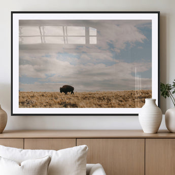 22754563-MGC-FP-36x24_Black-Earthy Tones Wall Art Canvas Print, Framed Rustic Nature Art Picture Print, Solitary Buffalo Perfect Western Minimalist Decor
