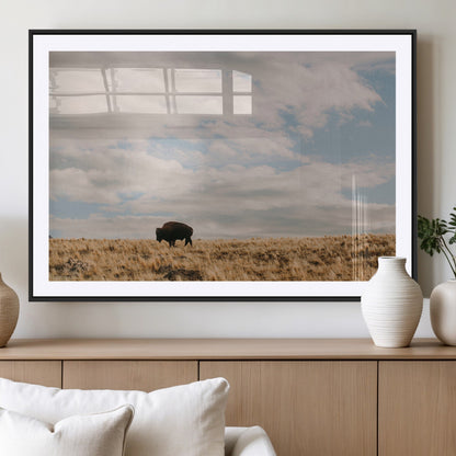 22754563-MGC-FP-36x24_Black-Earthy Tones Wall Art Canvas Print, Framed Rustic Nature Art Picture Print, Solitary Buffalo Perfect Western Minimalist Decor