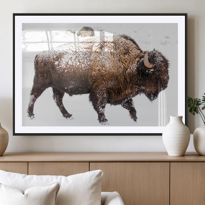 94261165-MGV-CV-36X24-Snowy Buffalo Wall Art Canvas Print, Framed Wildlife Photography Art Picture Print, Brown Tones Perfect Rustic Lodge Decor Decor