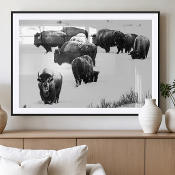 18914414-MGC-FP-36x24_Black-Buffalo Herd Wall Art Canvas Print, Framed Black and White Art Picture Print, Snowy Landscape Perfect Rustic Lodge Decor Decor