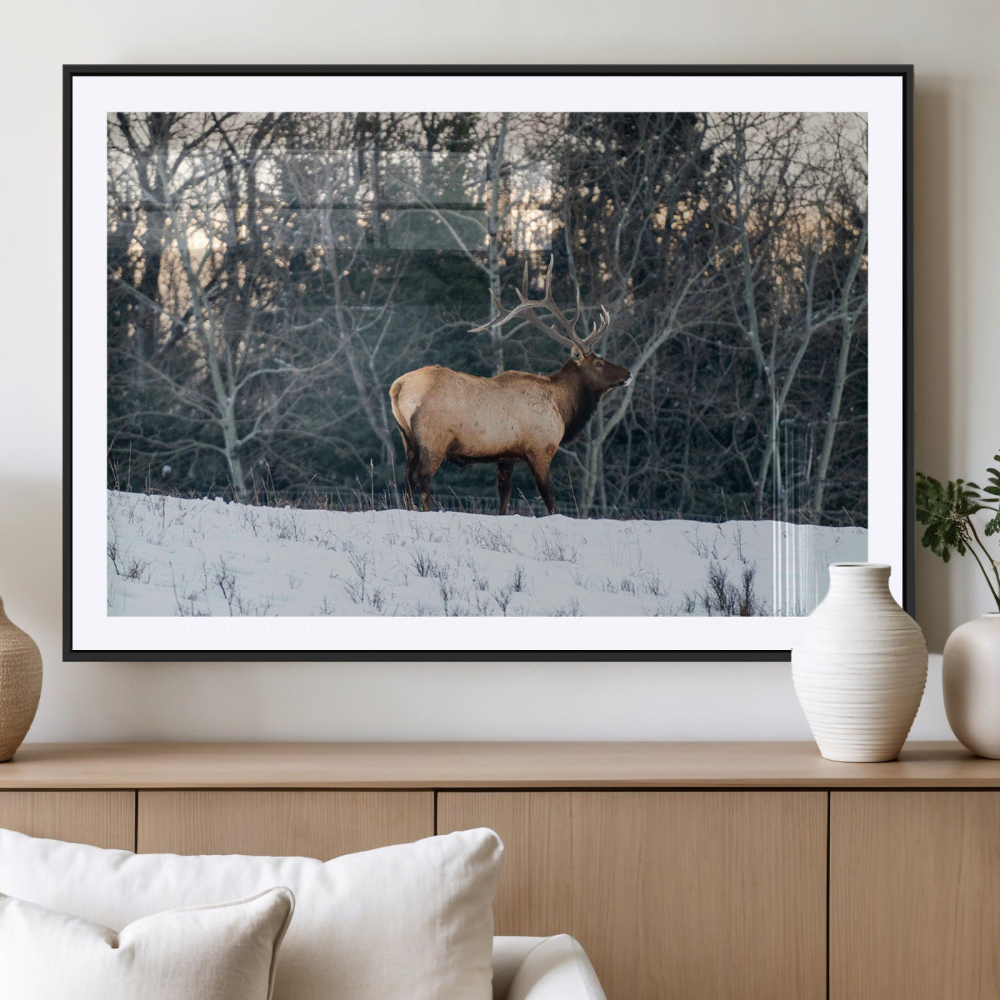 36533178-MGV-CV-36X24-Wild Elk Photography Wall Art Canvas Print, Framed Winter Wildlife Art Picture Print, Snowy Forest Perfect Rustic Lodge Decor