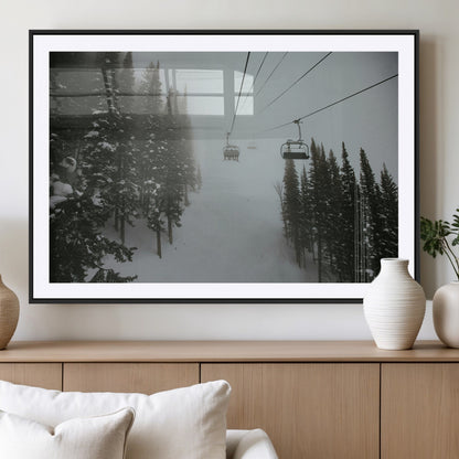87018452-MGC-FP-36x24_Black-Ski Lift Wall Art Canvas Print, Framed Snowy Pines Art Picture Print, Misty Landscape Perfect Winter Serenity Decor Artwork