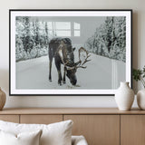 13316292-MGV-CV-36X24-Moose in Snow Wall Art Canvas Print, Framed Winter Wildlife Art Picture Print, Snowy Forest Scene Perfect Rustic Lodge Decor