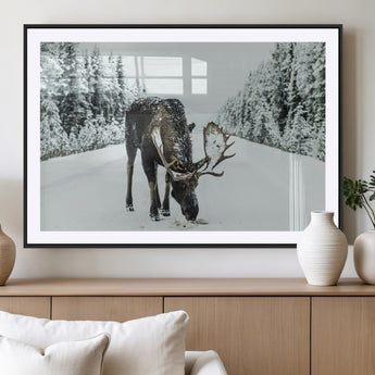 13316292-MGV-CV-36X24-Moose in Snow Wall Art Canvas Print, Framed Winter Wildlife Art Picture Print, Snowy Forest Scene Perfect Rustic Lodge Decor