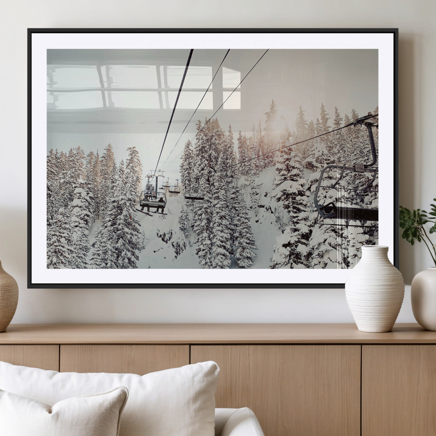 91534512-MGC-FP-36x24_Black-Frosty Pines Wall Art Canvas Print, Framed Cozy Cabin View Art Picture Print, Ski Lift Ride Perfect Rustic Lodge Decor Artwork