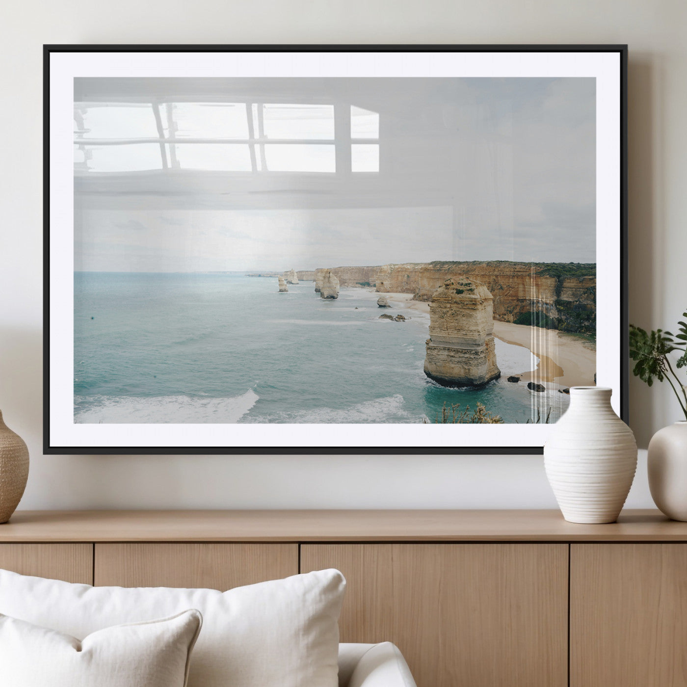 70095633-MGC-FP-36x24_Black-Twelve Apostles Wall Art Canvas Print, Framed Coastal Cliffs Art Picture Print, Rugged Rock Formations Perfect Minimalist Coastal