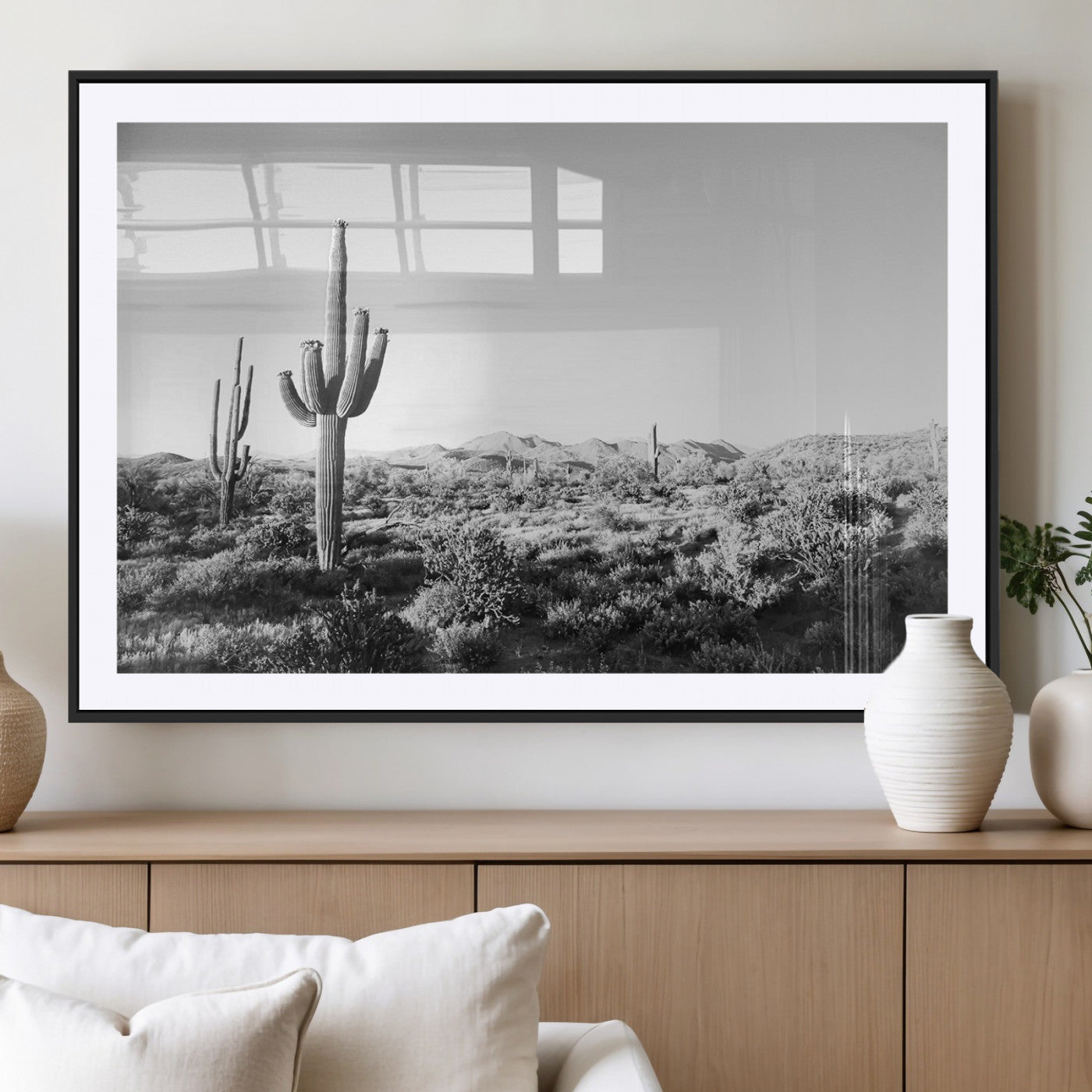 85205054-MGV-CV-36X24-Saguaro Cactus Wall Art Canvas Print, Framed Monochrome Landscape Art Picture Print, Scenic Arizona View Perfect Minimalist