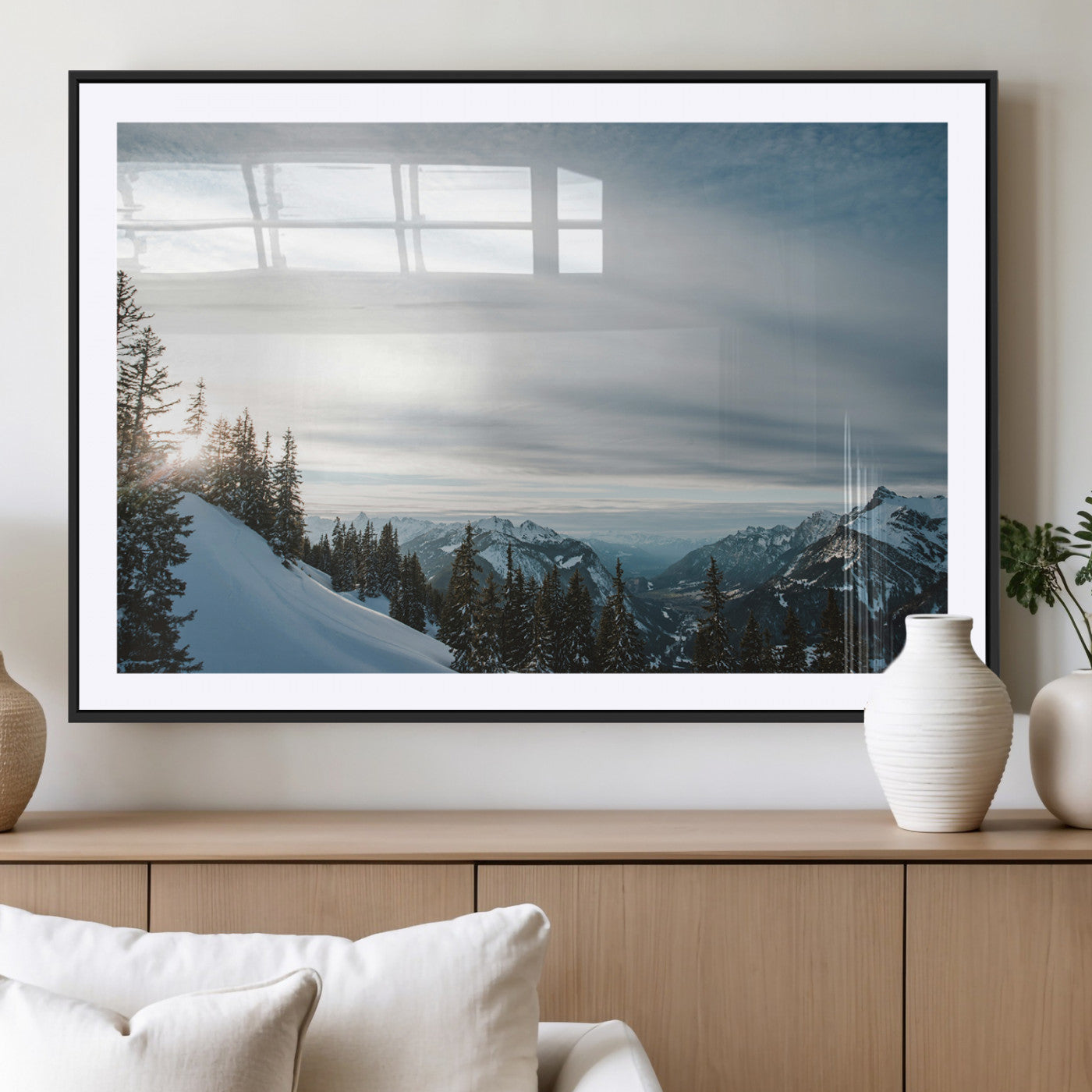 55564749-MGC-FP-36x24_Black-Snowy Mountains Wall Art Canvas Print, Framed Alpine Landscape Art Picture Print, Frosty Peaks Perfect Nordic Minimalist Decor