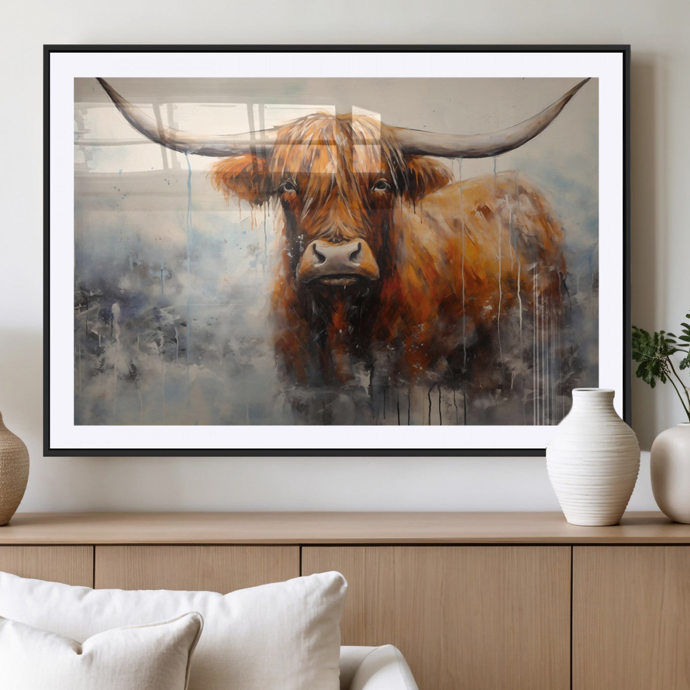X61001-MGV-CV-36X24-Scottish Highland Wall Art Canvas Print, Framed Longhorn Art Picture Print, Western Cow Perfect Farmhouse Decor Artwork