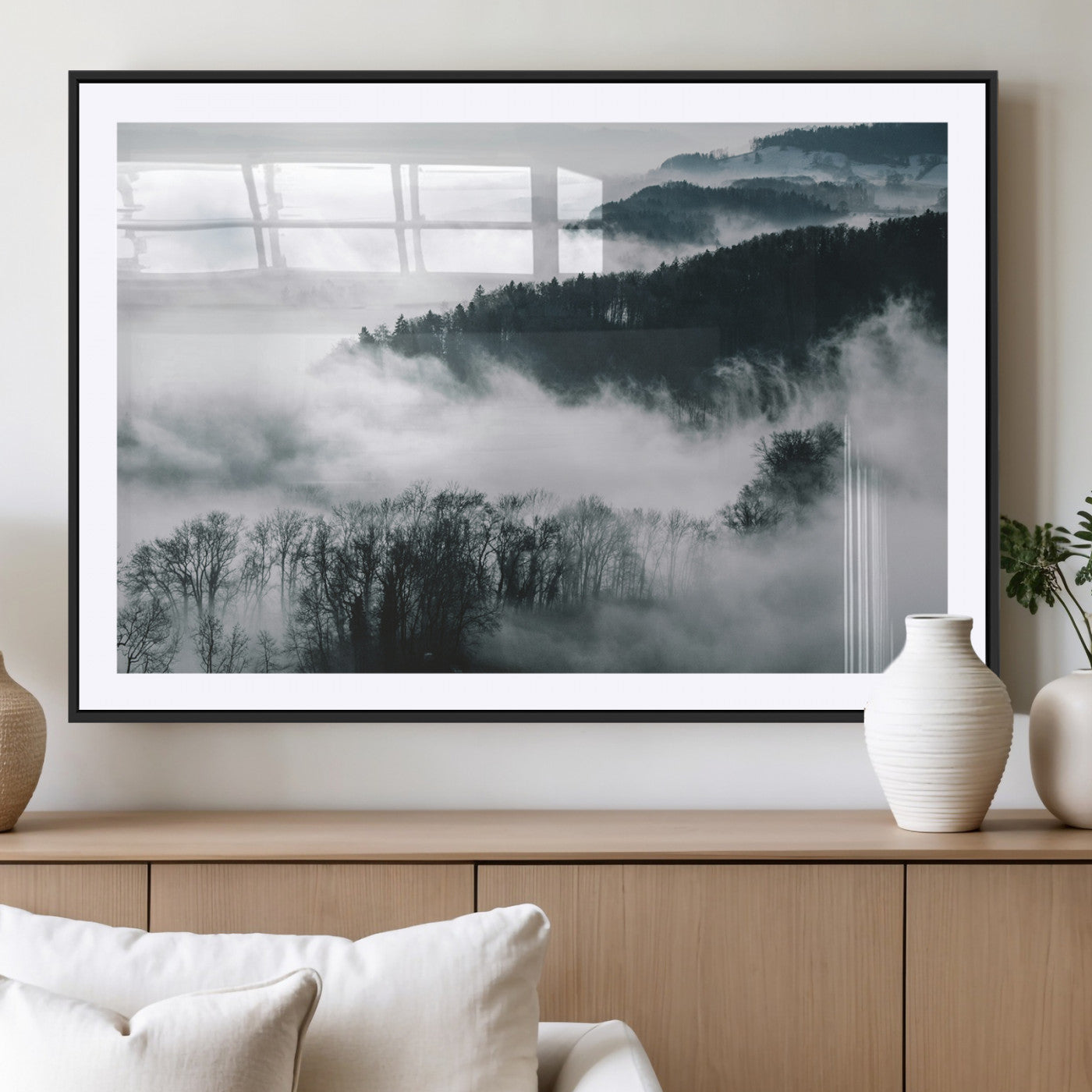 67569654-MGC-FP-36x24_Black-Foggy Forest Wall Art – Mist Covered Hills and Trees Landscape Canvas Print, Moody Nature Photography Decor for Living Room,
