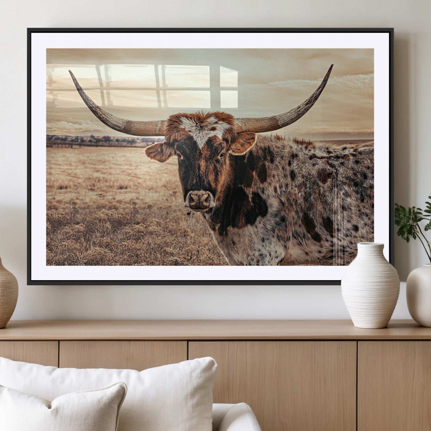 95745718-MGV-CV-36X24-Texas Longhorn Wall Art – Western Cattle Photography Canvas Print, Rustic Ranch Animal Artwork Country Farmhouse Decor for Living