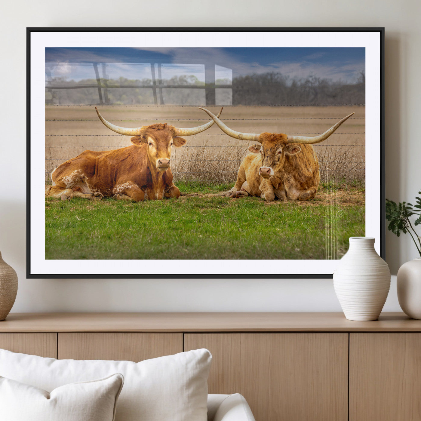 54598515-MGV-CV-36X24-Texas Longhorns Wall Art – Rustic Cattle Ranch Canvas Print, Western Farmhouse Animal Photography Decor for Living Room, Office,
