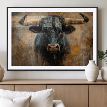 91615410-MGV-CV-36X24-Bull Wall Art – Rustic Western Longhorn Canvas Print, Powerful Abstract Animal Painting, Farmhouse Ranch Decor for Living Room,
