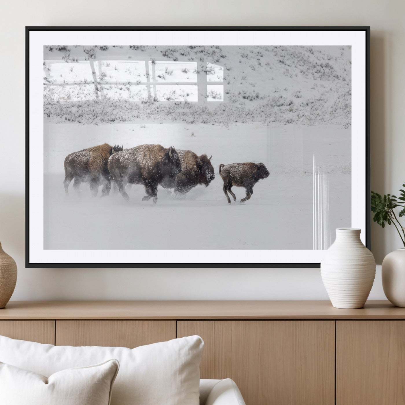 61161423-MGC-FP-36x24_Black-Running Bison Herd Wall Art – Winter Buffalo Canvas Print, Wildlife Photography Decor for Rustic Living Room, Farmhouse, Lodge,