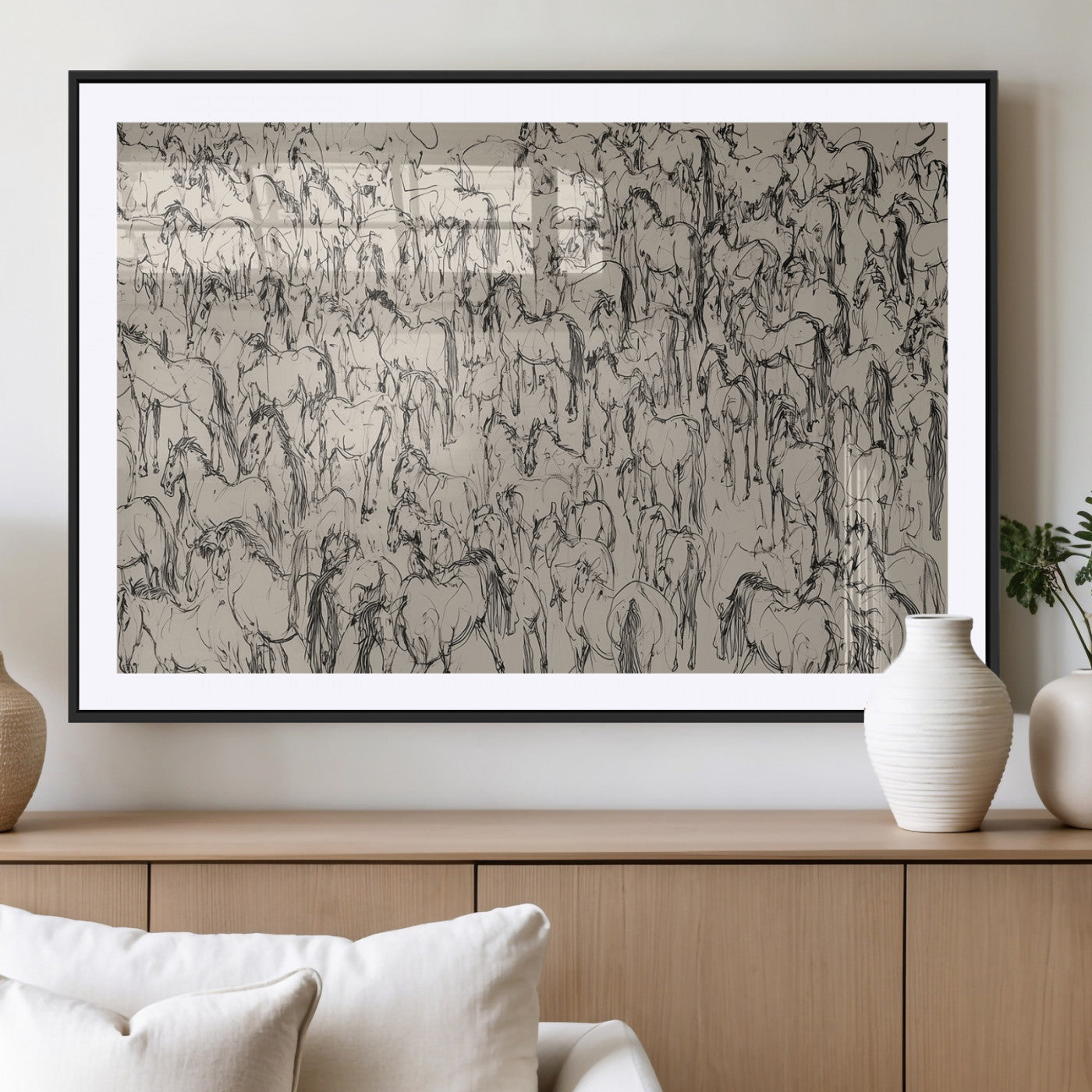 12358908-MGV-CV-36X24-Horse Herd Sketch Wall Art – Abstract Wild Horses Line Drawing Canvas Print, Rustic Western Style Equestrian Decor for Living