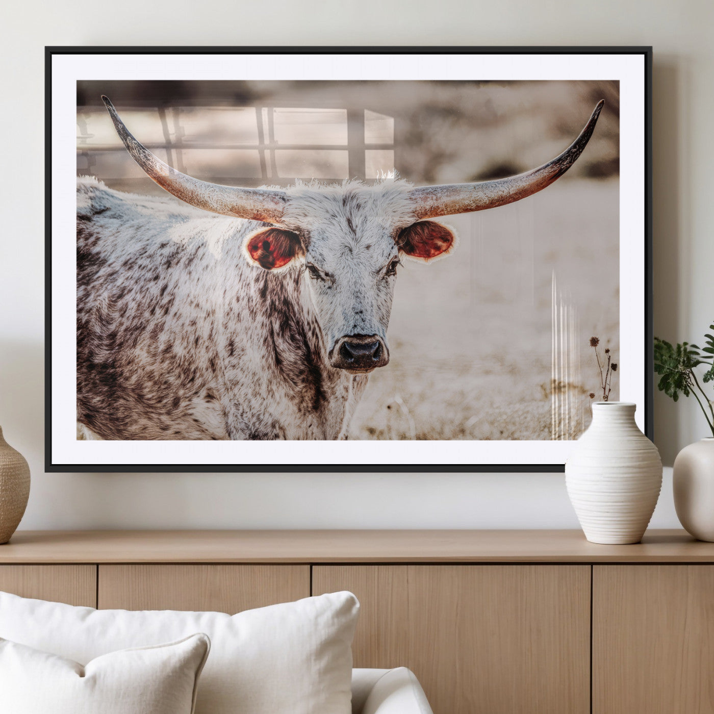 72388892-MGV-CV-36X24-Texas Longhorn Wall Art – Rustic Western Canvas Print, Cowboy Style Farmhouse Bull Artwork for Living Room, Ranch, Office or Man