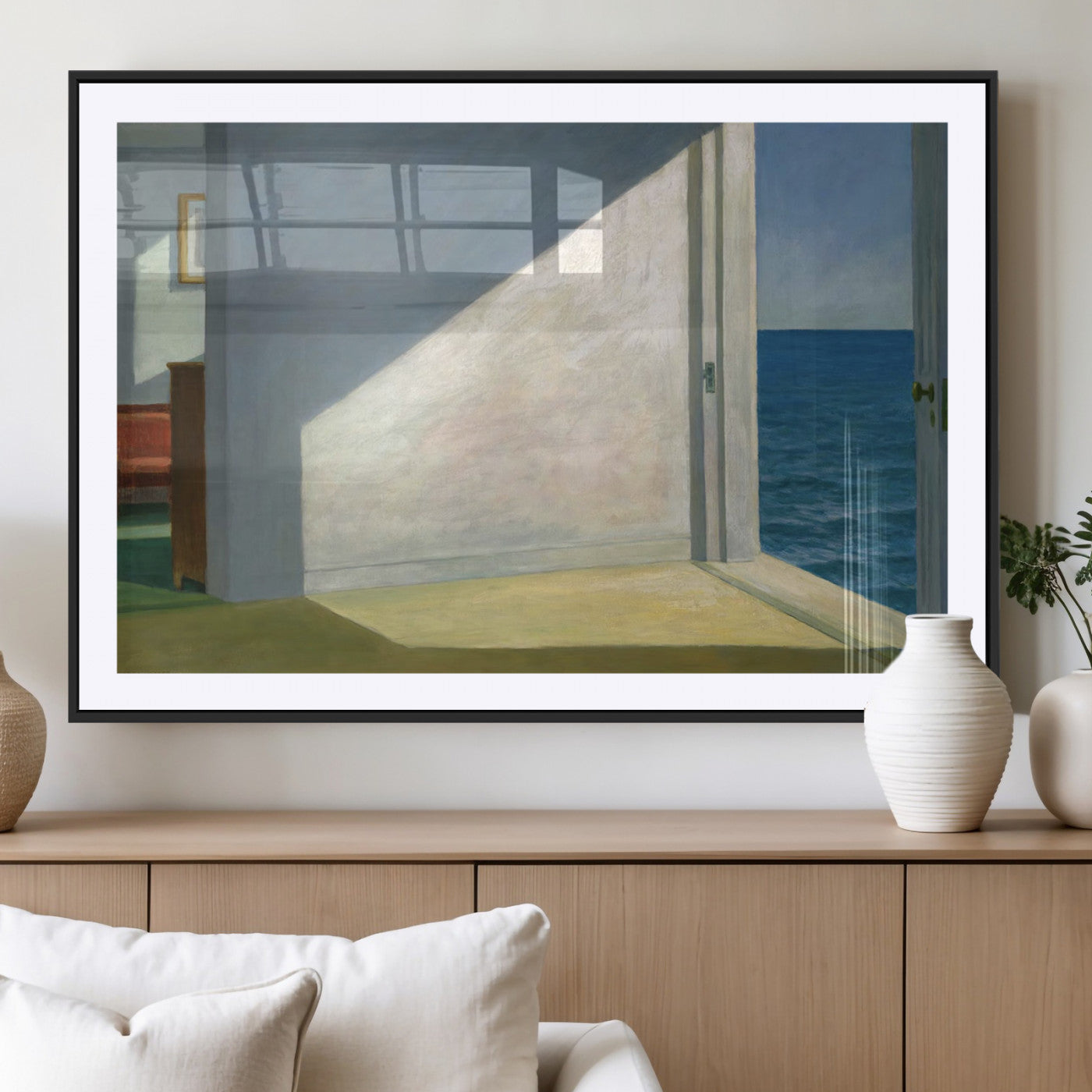 34188481-MGC-FP-36x24_Black-Coastal Sunlight Wall Art – Minimalist Ocean View Canvas Print, Serene Beach House Inspired Decor for Bedroom, Living Room,