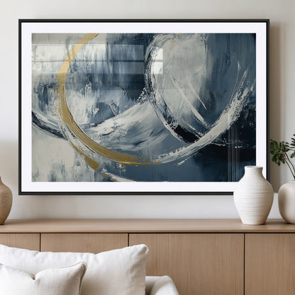 97295757-MGV-CV-36X24-Abstract Blue and Gold Wall Art – Modern Luxury Canvas Print, Navy White Brushstroke Painting, Contemporary Living Room Office