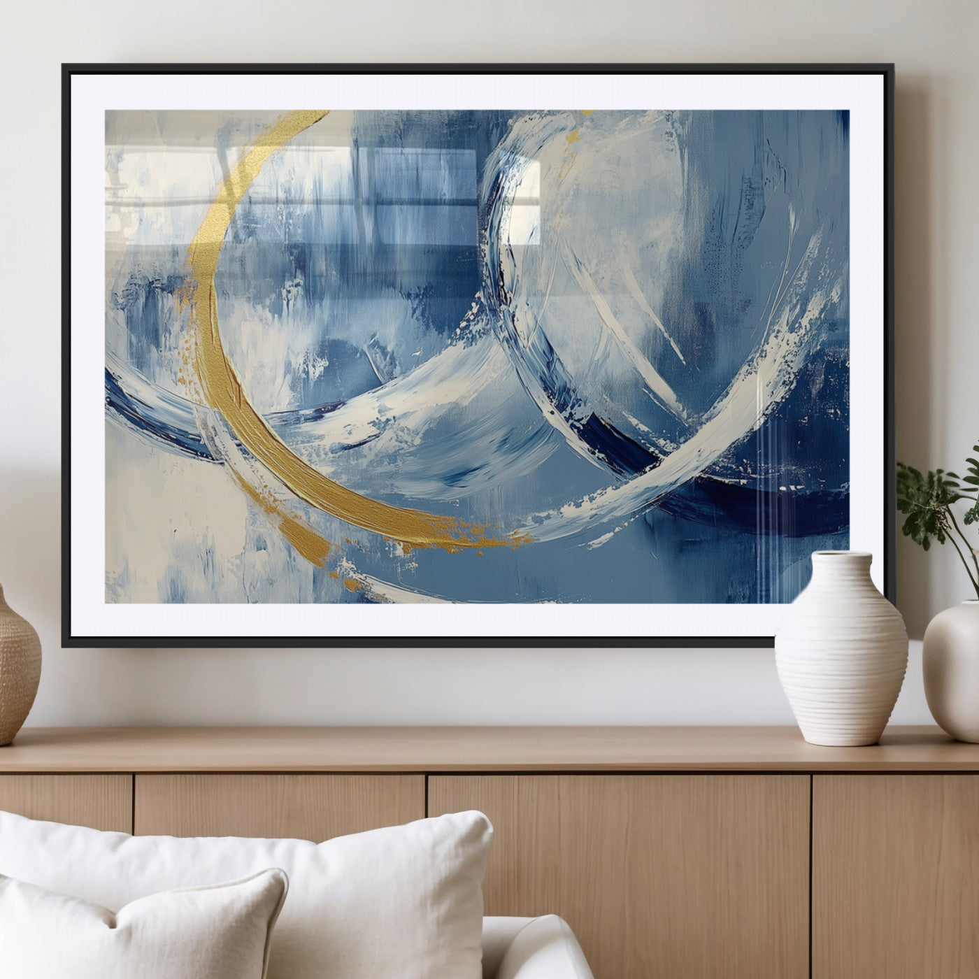 42475677-MGC-FP-36x24_Black-Blue and Gold Abstract Wall Art – Modern Luxury Canvas Print, Navy White Brushstroke Painting, Contemporary Home Office Living