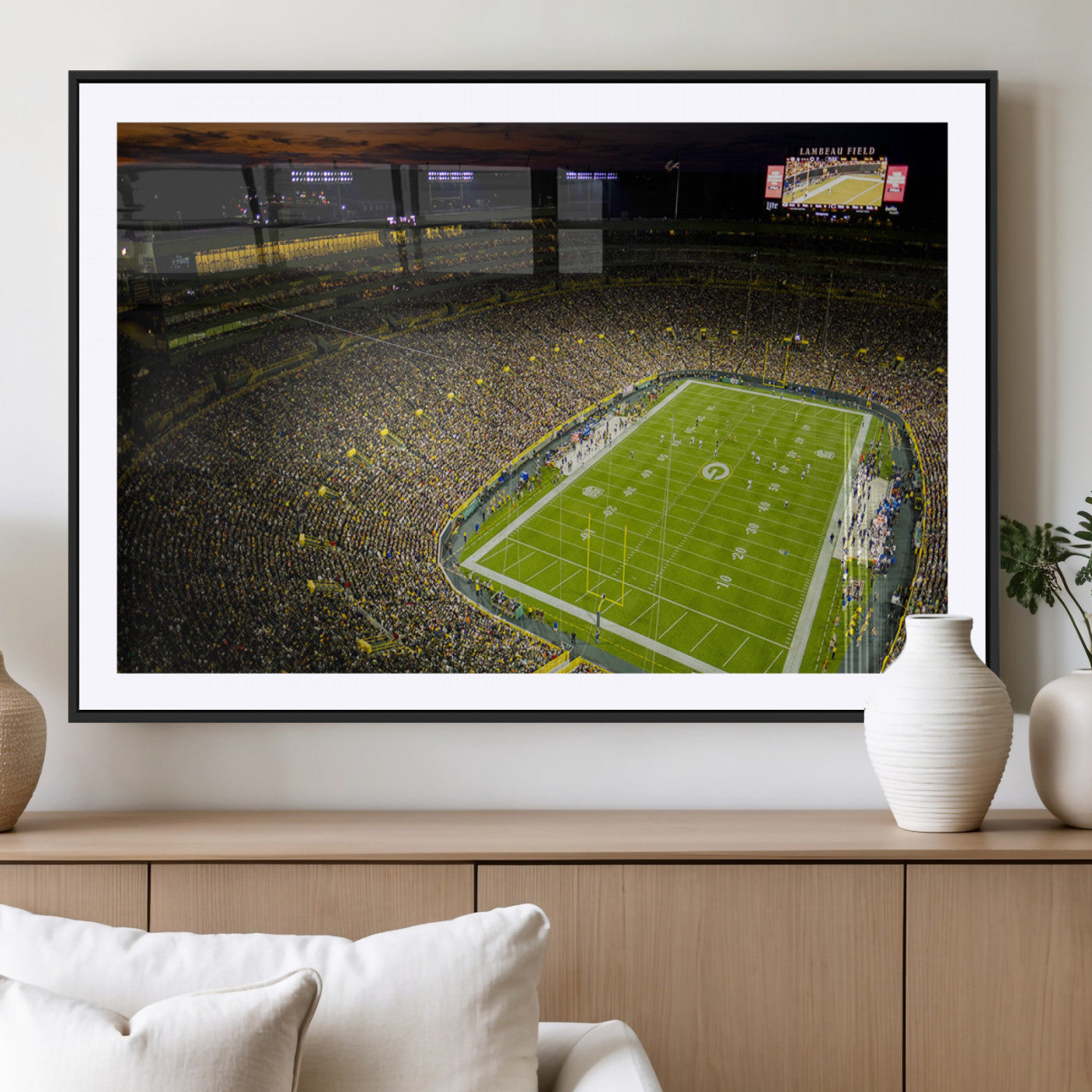 23655234-MGV-CV-36X24-Lambeau Field Stadium Wall Art – American Football Night Game Canvas Print with Packed Crowd and Lights – Sports Decor for Man