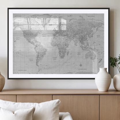 10516725-MGV-CV-36X24-Black and White World Map Wall Art – Minimalist Grayscale Canvas Print – Modern Detailed Travel Map Poster for Home, Office, or