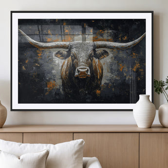93195031-MGV-CV-36X24-Dark Longhorn Bull Wall Art – Western Steer Canvas Print, Moody Rustic Animal Painting for Man Cave, Ranch House, Office or Modern