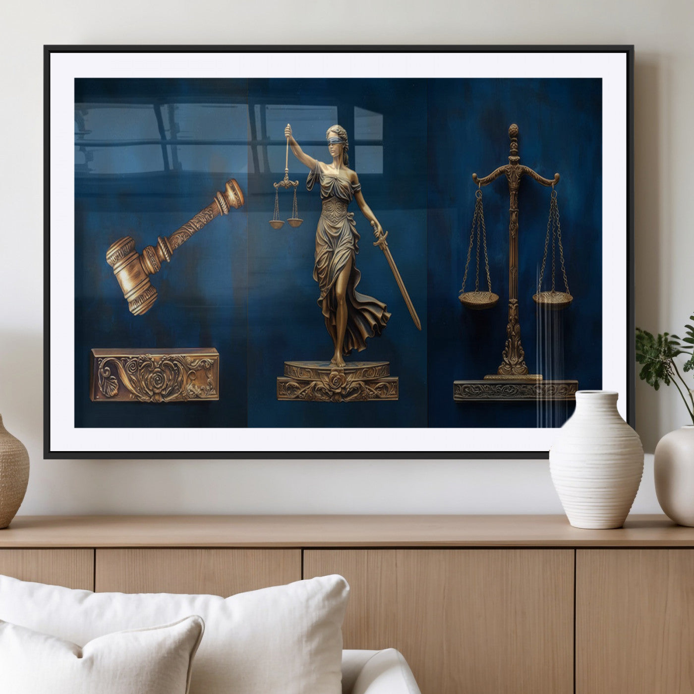 91629053-MGV-CV-36X24-Lady Justice Wall Art – Golden Gavel and Scales Canvas Print, Elegant Legal Office Decor for Lawyers, Judges, Courtroom or Study