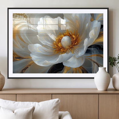 39604126-MGV-CV-36X24-Abstract Flower Wall Art – Elegant White and Gold Bloom Canvas Print, Modern Floral Artwork for Bedroom, Living Room, or Office